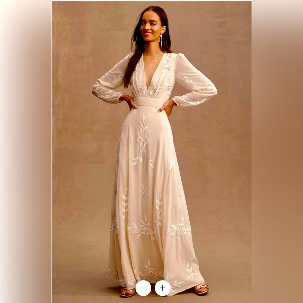 BHLDN Belize Embroidered A-Line Long-Sleeve V-Neck Gown